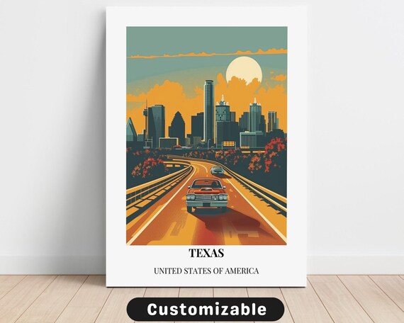 Texas Vintage Travel Poster Sunset Skyline Classic Car Artwork