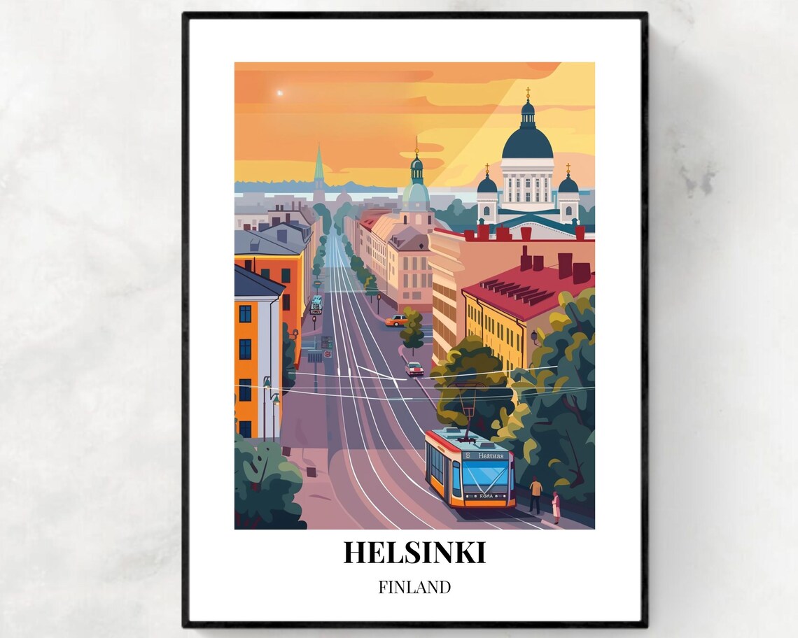 Helsinki Finland Classic Tram Street at Sunset Travel Poster