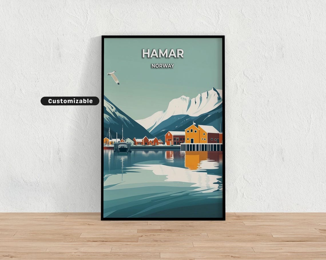 Hamar Norway Snowy Winter Harbor Village Scenic Travel Poster