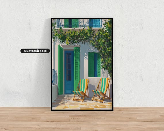Balcony With Green Shutters And Striped Chairs Under A Vine Mediterranean Colorful Wall Art Tropical Illustration Print Modern Boho Ho