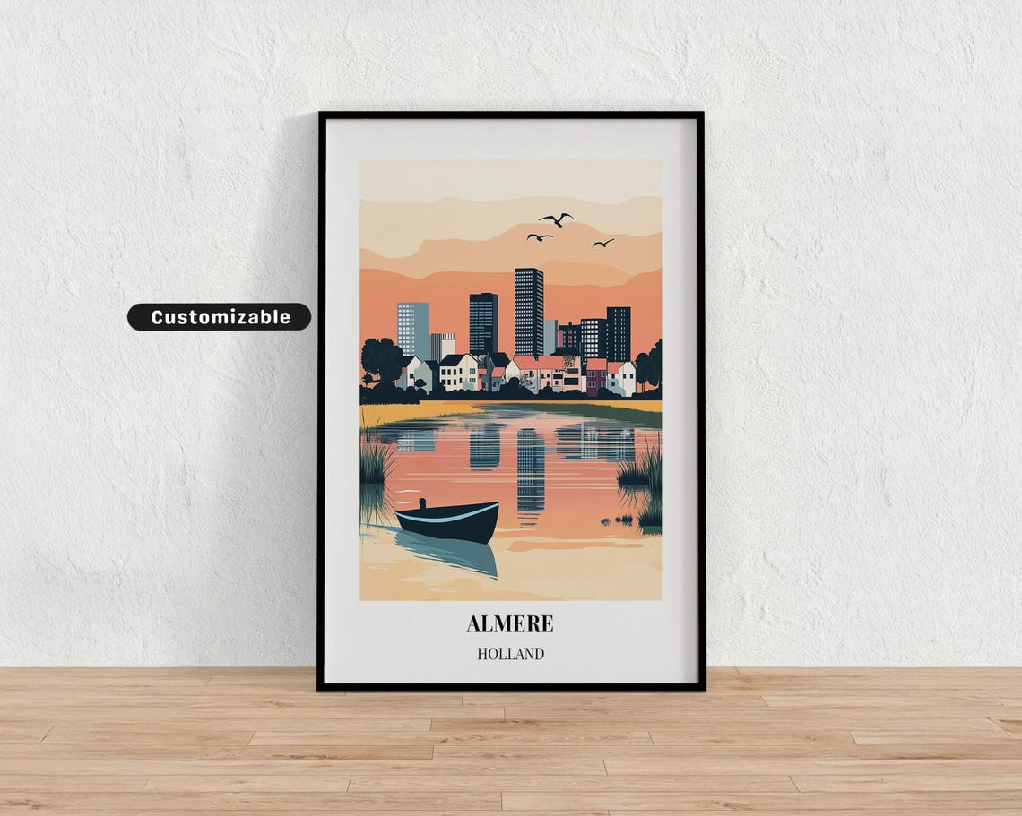 Almere Holland Modern Skyline at Sunset Over Water Travel Poster