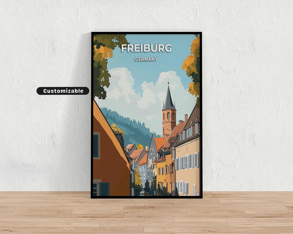 Freiburg Germany Old Town Church Tower Retro Travel Poster Art
