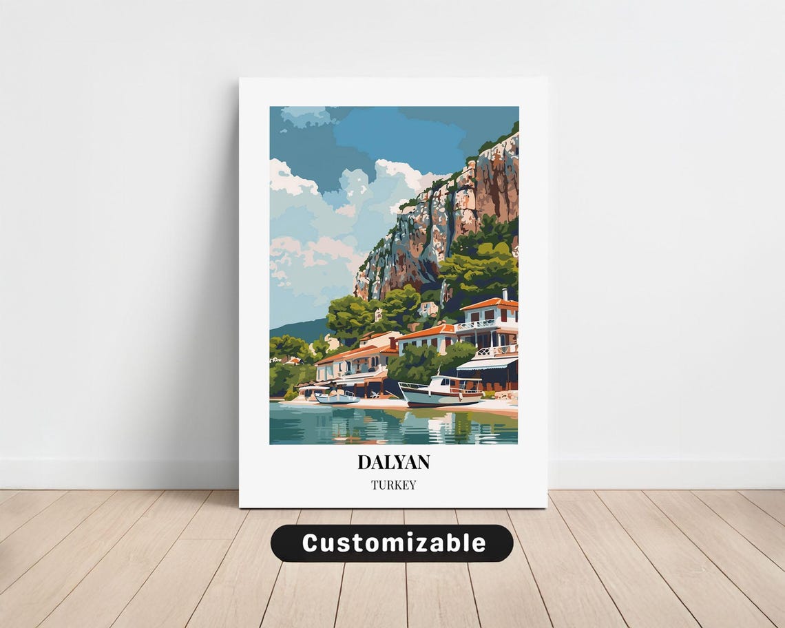 Dalyan Turkey River Cliffs Boats Vintage Style Travel Poster