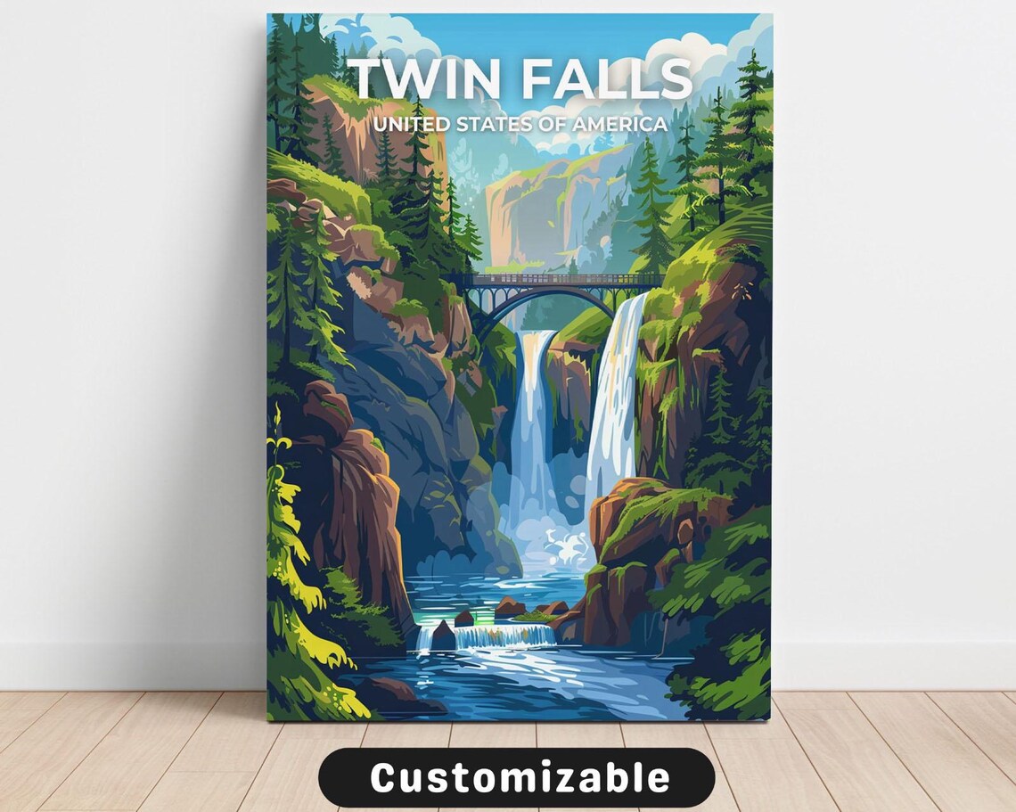 Twin Falls USA Waterfall Bridge Retro Vintage Travel Style Poster
