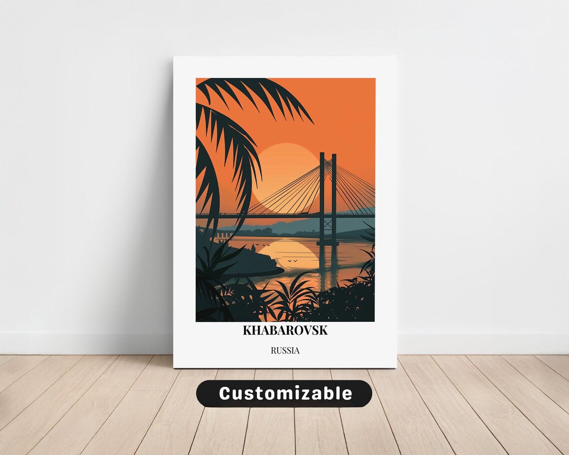 Khabarovsk Russia Tropical Sunset Bridge Silhouette Travel Poster