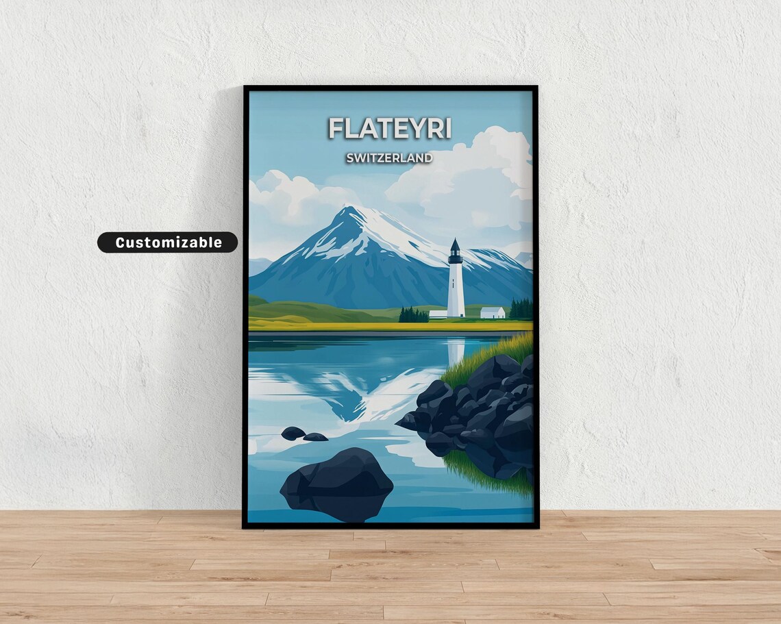 Flateyri Switzerland White Lighthouse Calm Lake Travel Poster