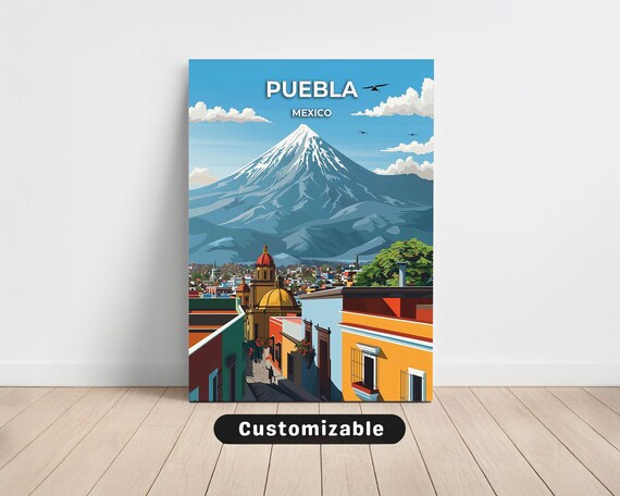 Puebla Mexico Snow Capped Volcano Cityscape Vintage Travel Poster