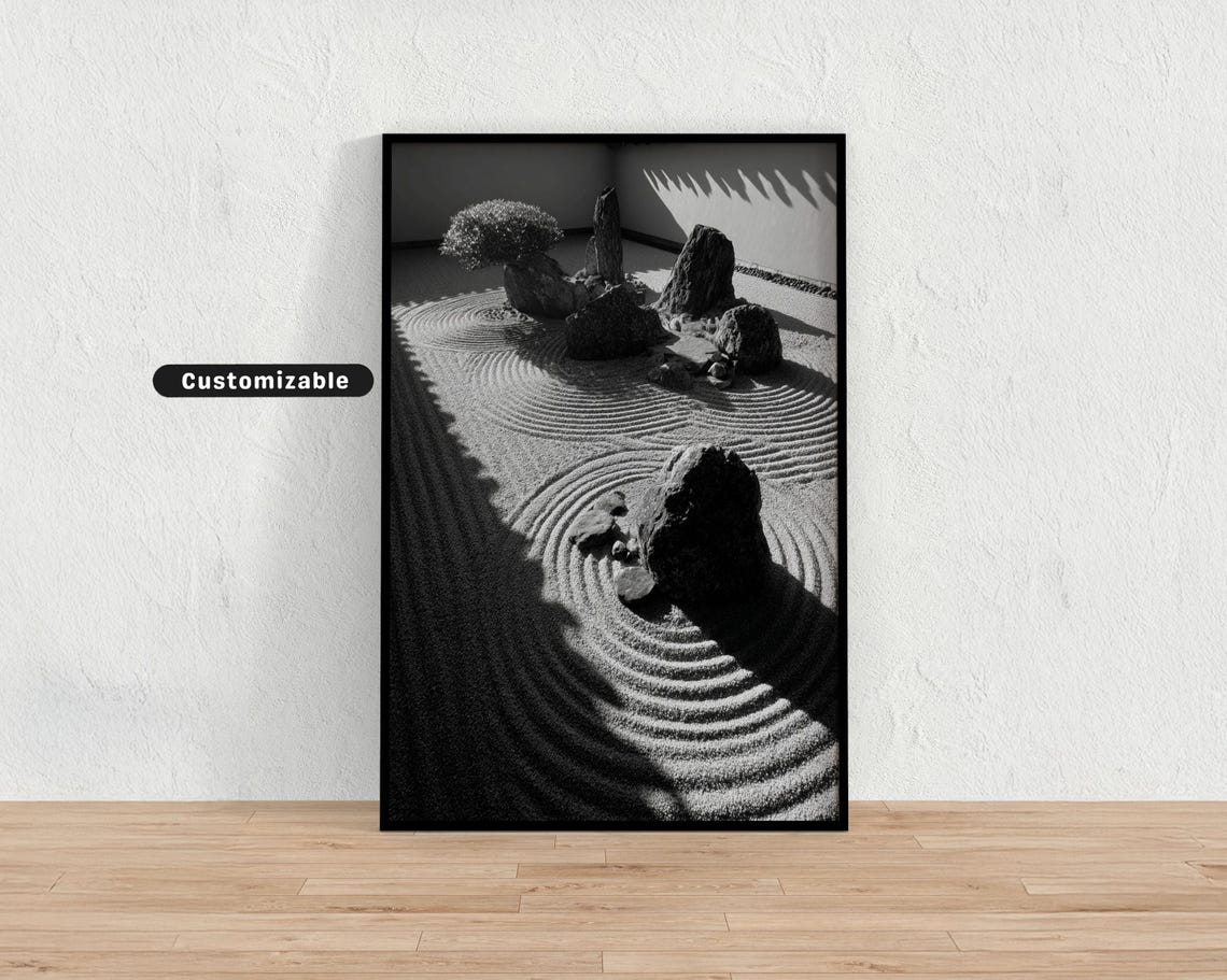 Japanese Zen Rock Garden Deep Shadows Black White Photo Poster