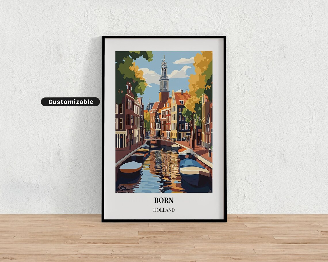 Born Holland Canal Boats Clock Tower Summer Retro Travel Poster