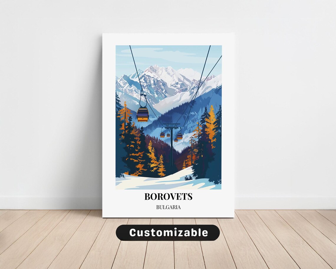 Borovets Bulgaria Retro Winter Ski Gondola Snowy Peaks Travel Poster