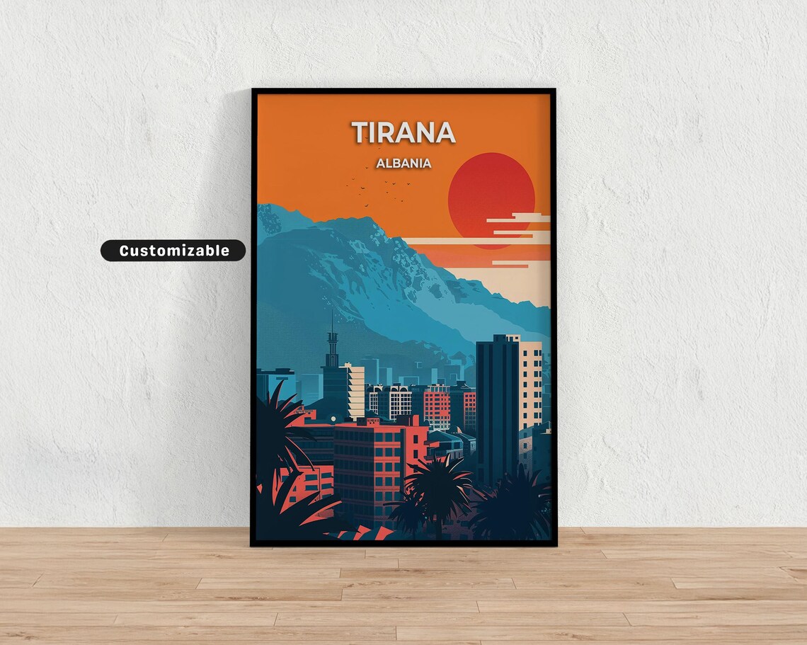 Tirana Albania Sunset Skyline with Mountains Vintage Travel Poster