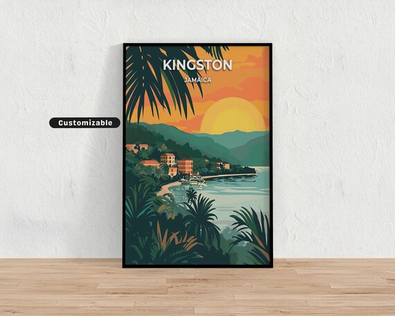 Kingston Jamaica Harbor Sunset Travel Poster Tropical Palm Decor