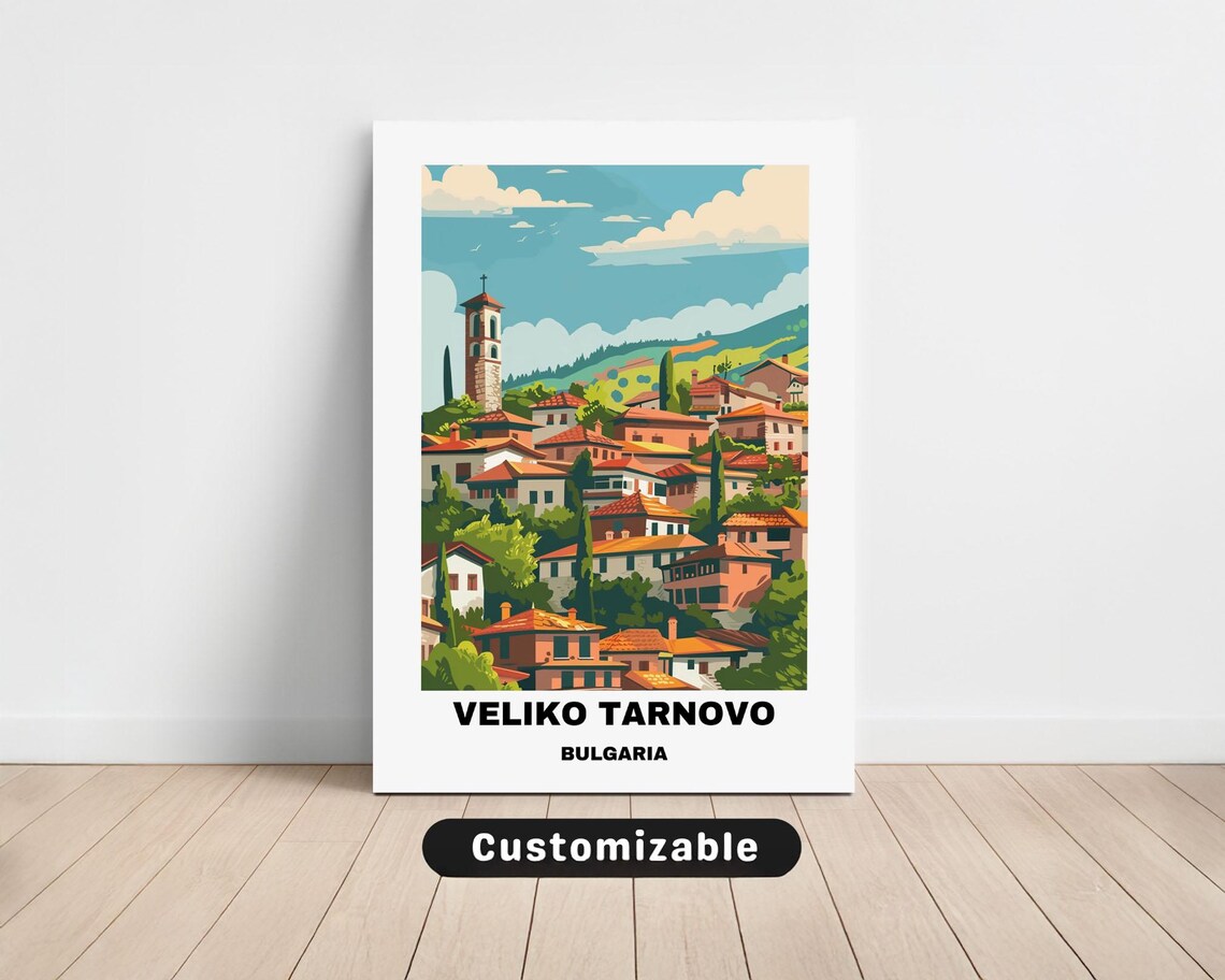 Veliko Tarnovo Bulgaria Travel Poster Hillside Old Town Red Roofs Art