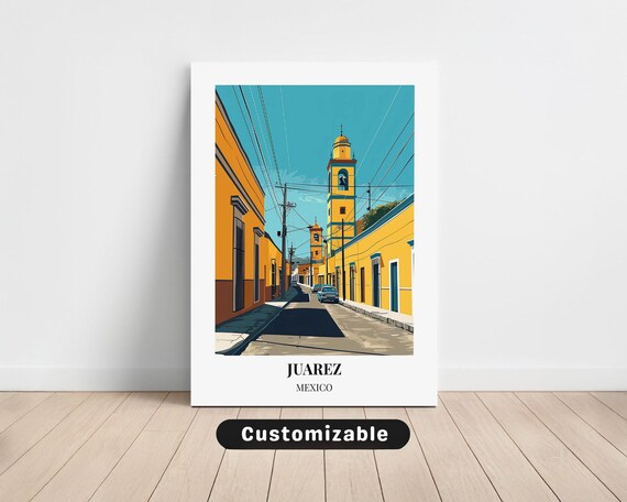 Juarez Mexico Colonial Street Yellow Church Tower Art Poster