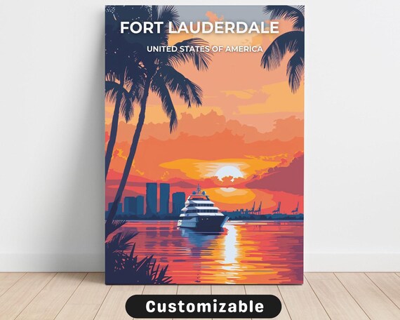 Fort Lauderdale Florida Sunset Yacht Retro Travel Art Poster