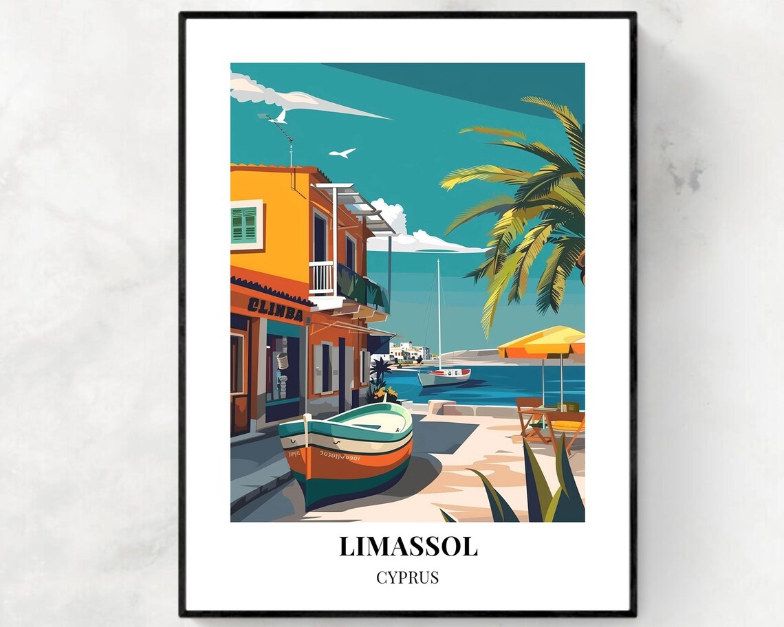 Limassol Cyprus Sunny Harbor With Fishing Boats Travel Poster