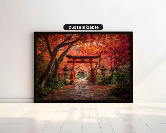 Autumn Maple Trees Framing Red Torii Gate Path Japan Photo Poster