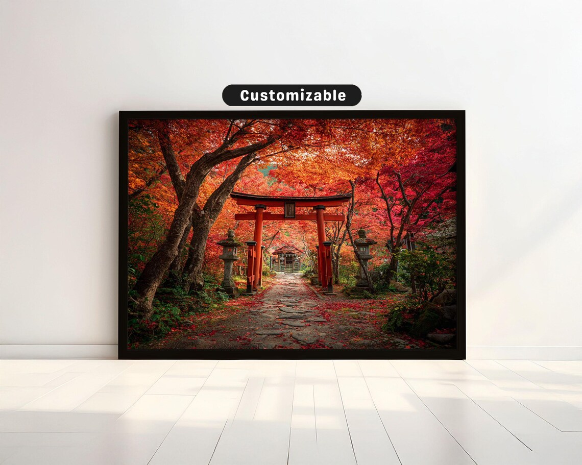 Autumn Maple Trees Framing Red Torii Gate Path Japan Photo Poster