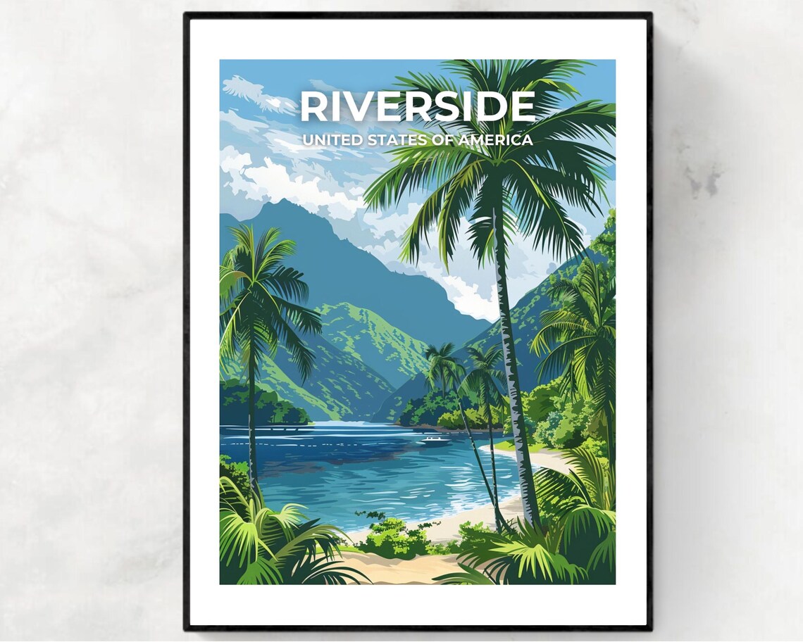 Riverside Tropical Beach Bold White Title Modern Travel Poster