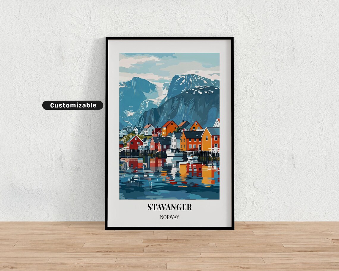 Stavanger Norway Harbor Travel Poster Colorful Waterfront Art