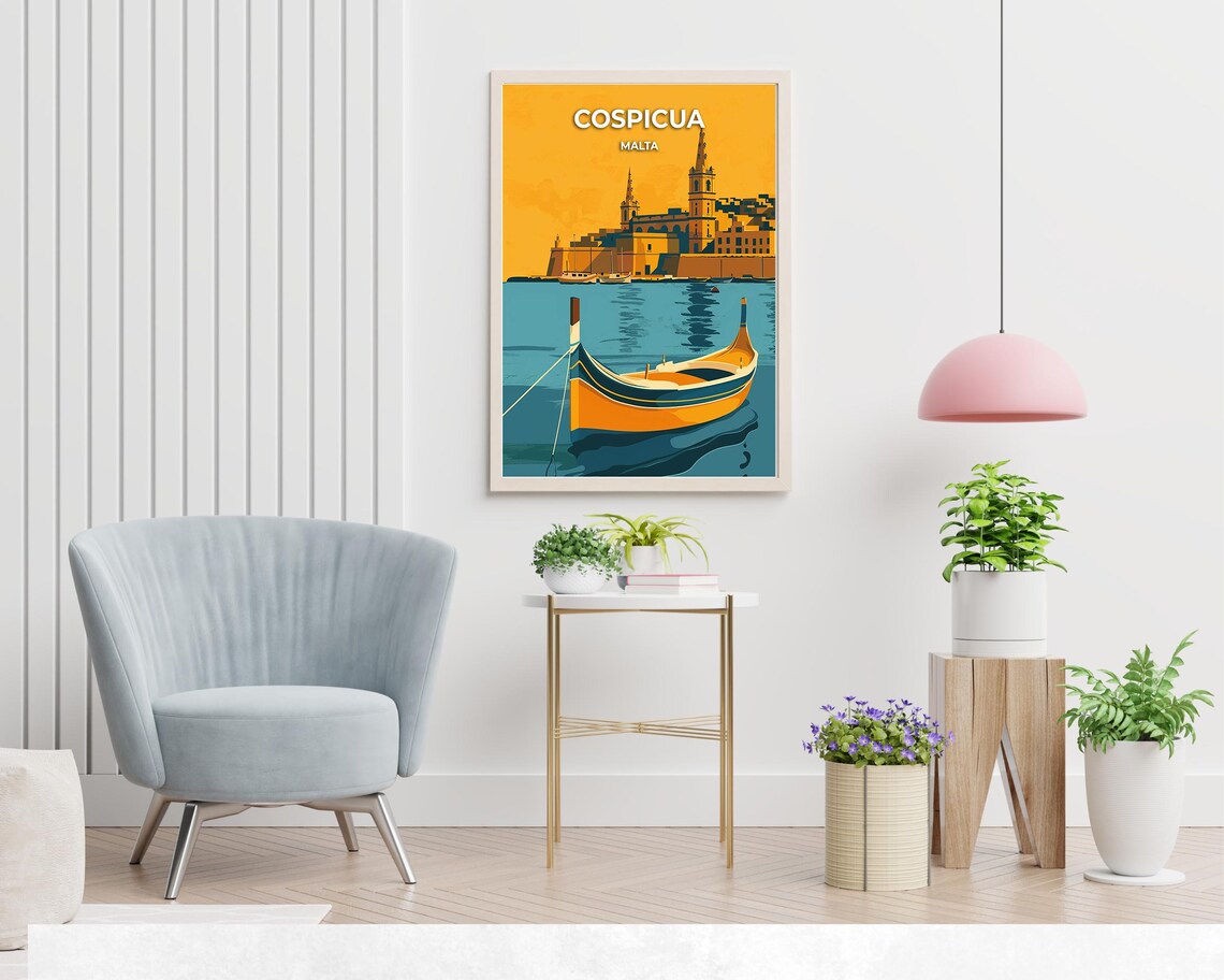 Cospicua Malta Golden Harbor Luzzu Boat Sunset Travel Poster - Image 2