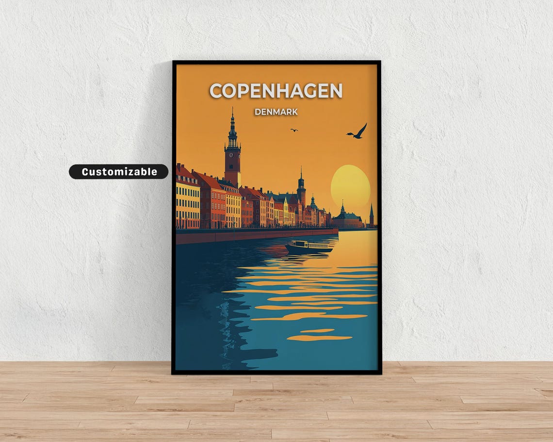 Copenhagen Denmark Sunset Harbor Waterfront Golden Hour Travel Poster