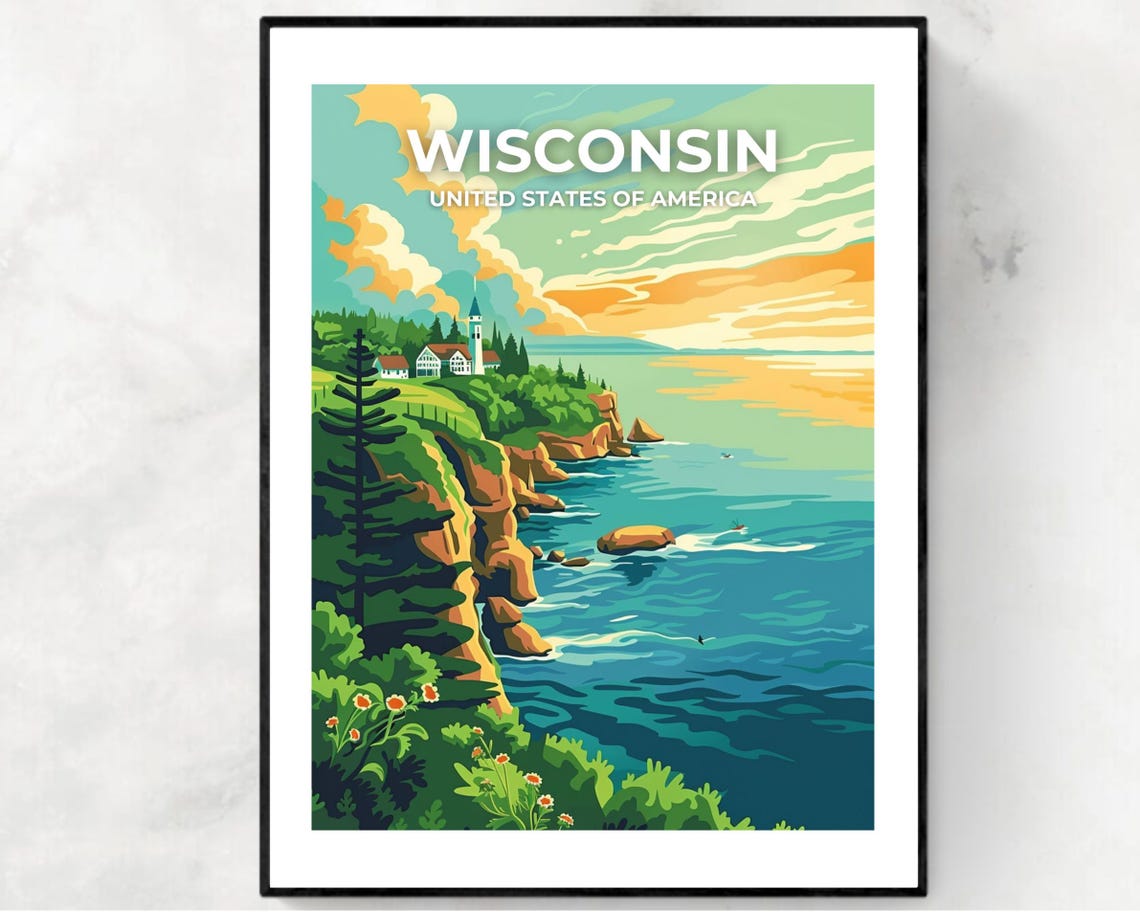 Wisconsin Lake Bluff Lighthouse Sunset Sky Banner Travel Poster