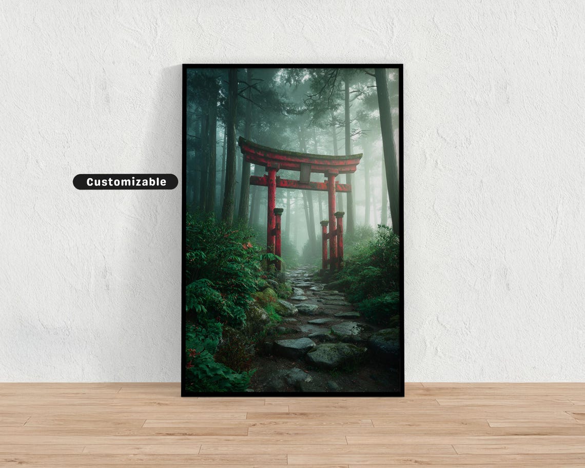 Red Torii Gate In Misty Forest Path With Rising Morning Fog Japanese Wall Art Print Zen Asian Decor