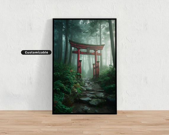 Red Torii Gate In Misty Forest Path With Rising Morning Fog Japanese Wall Art Print Zen Asian Decor