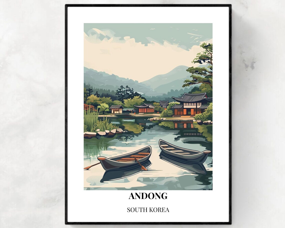 Andong South Korea Lakeside Hanok Canoes Scenic Travel Poster
