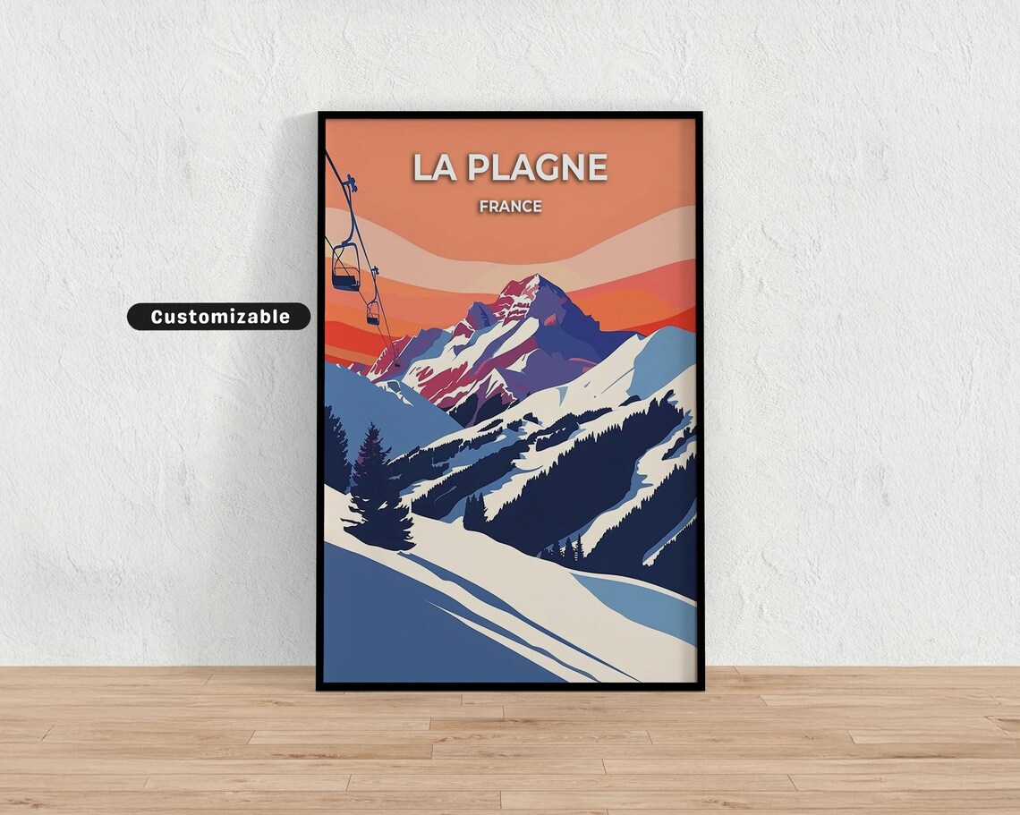 La Plagne France Ski Slopes Sunset Chairlift Alpine Travel Poster
