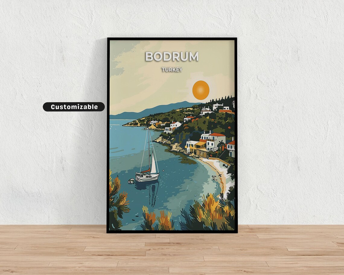 Bodrum Turkey Sailboat Bay Whitewashed Houses Vintage Travel Poster