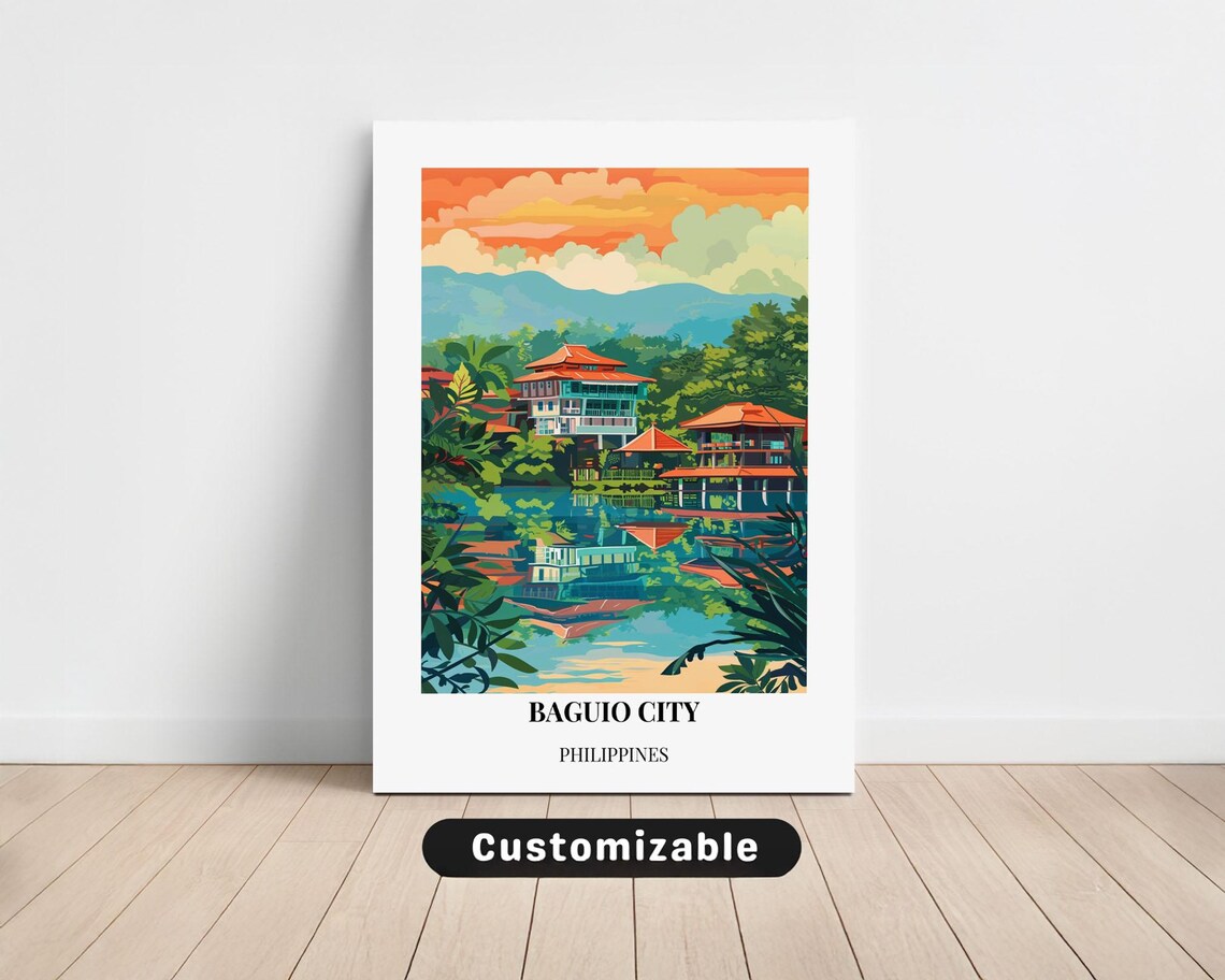 Baguio City Philippines Lake Pavilion Sunset Mountains Travel Poster
