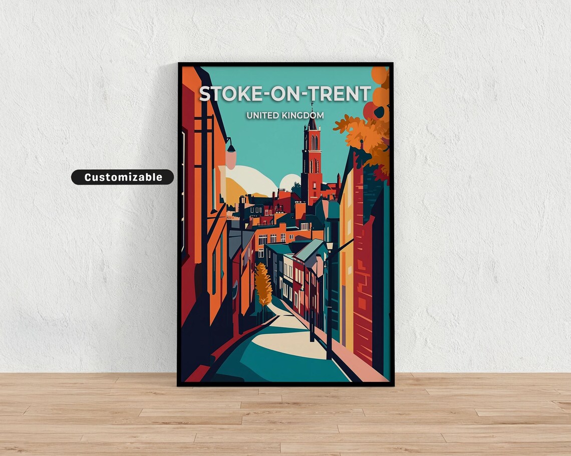 Stoke-on-Trent United Kingdom Colorful Street Tower Travel Poster