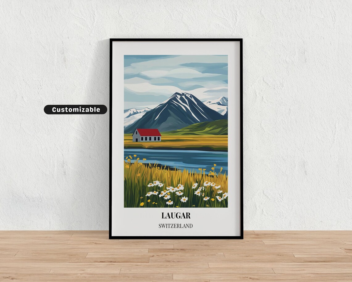 Laugar Switzerland Mountain Lake Red Roof Cabin Wildflower Poster