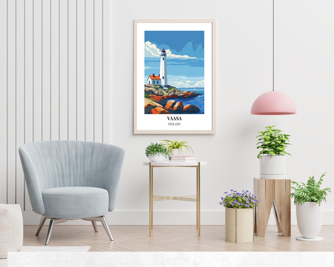 Vaasa Finland White Lighthouse Red Granite Shore Travel Poster - Image 2