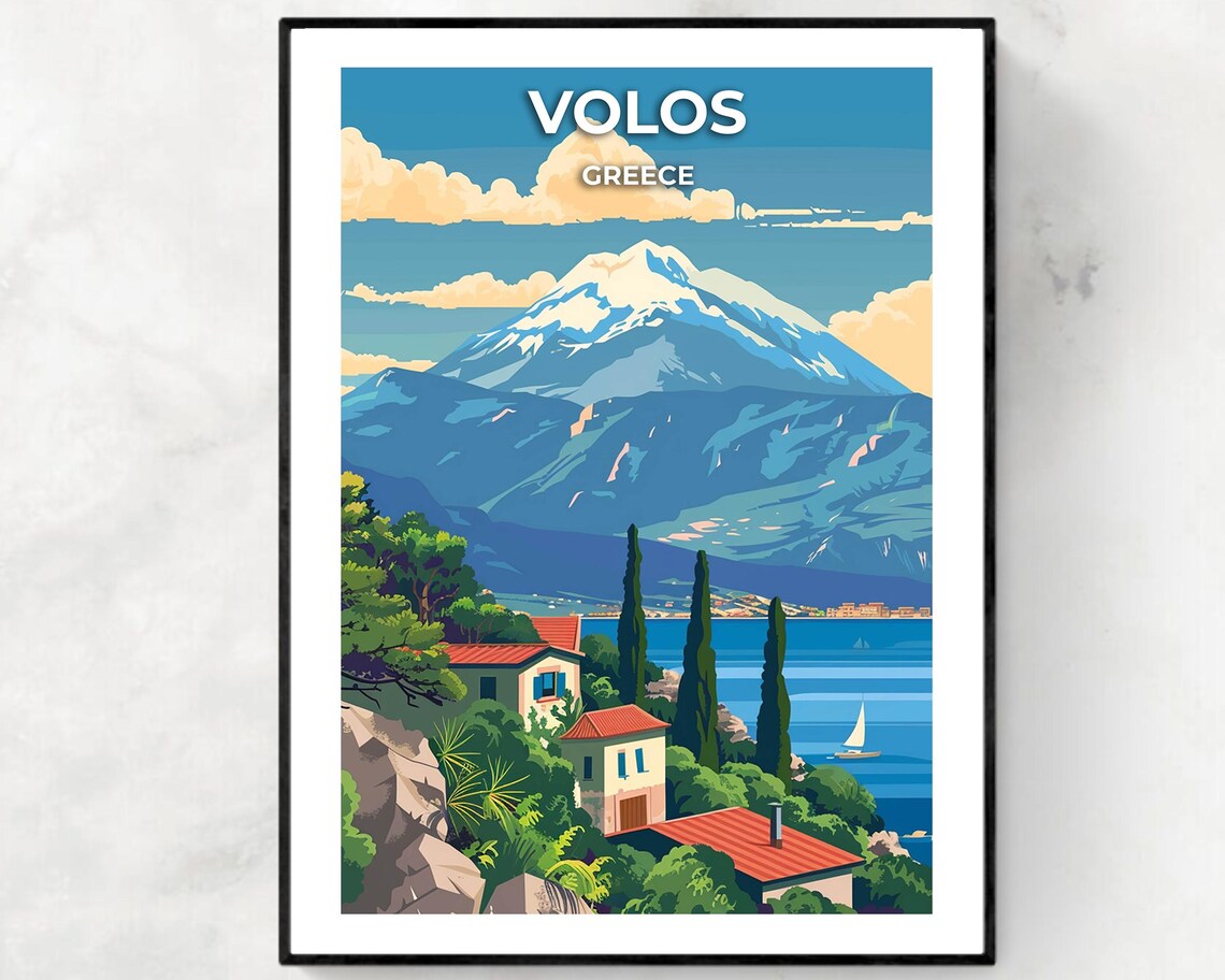Volos Greece Snowcapped Peak Above Bay Villas Cypress Poster