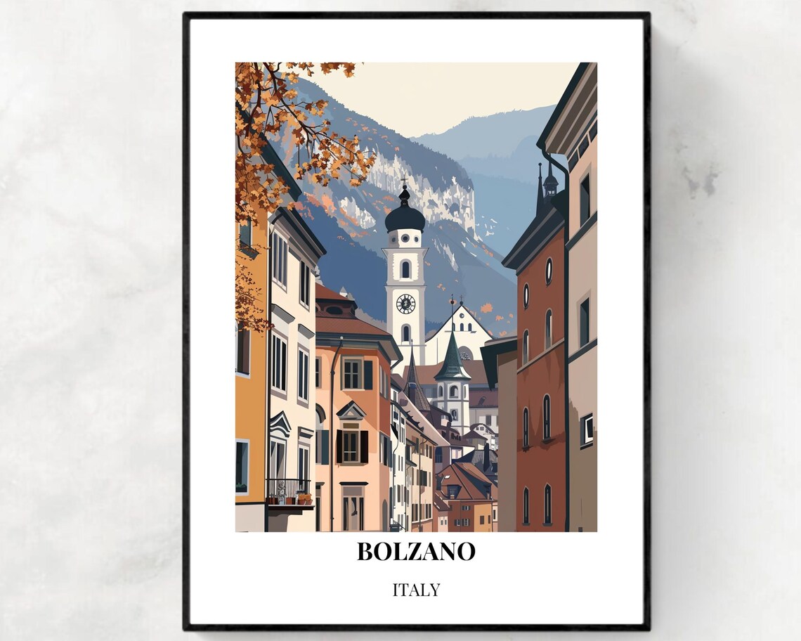 Bolzano Italy Alpine Old Town Church Tower Mountain View Poster