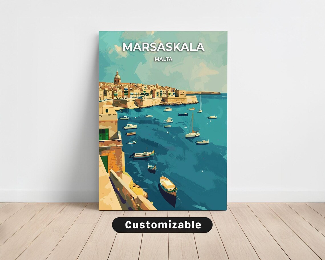 Marsaskala Malta Harbor Boats Mediterranean Bay Travel Art Poster
