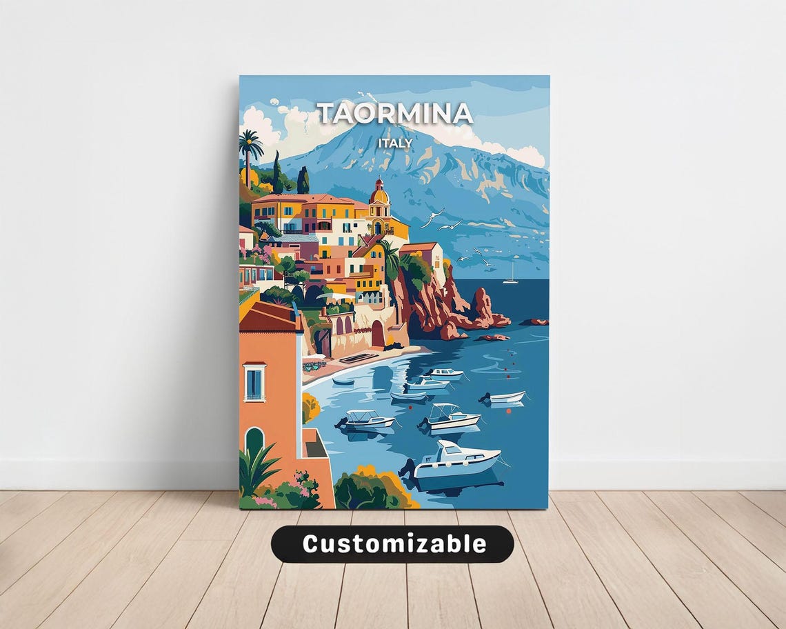 Taormina Italy Coast Travel Poster Colorful Harbor Boats Art