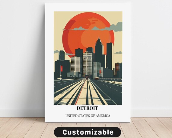 Detroit Skyline Huge Red Sun Retro Art Deco City Travel Poster