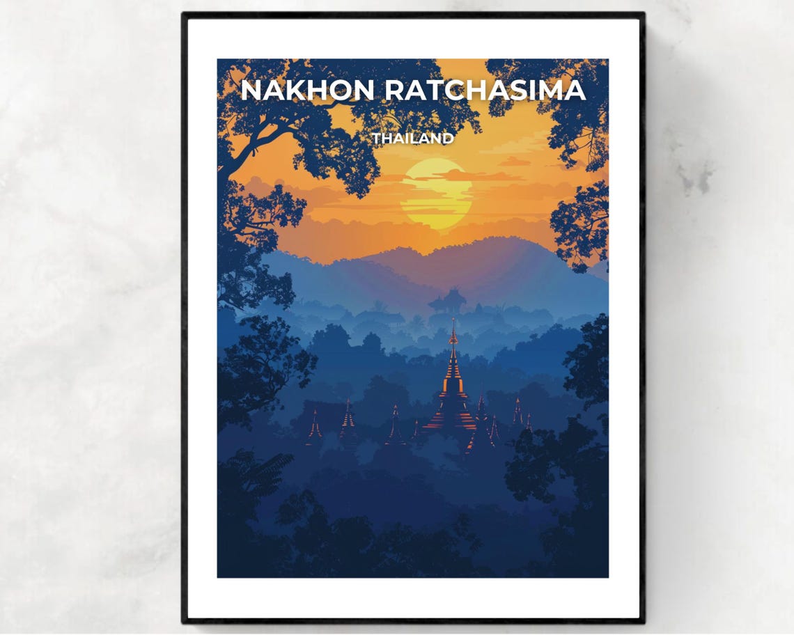 Nakhon Ratchasima Thailand Temple Sunset Silhouette View Poster