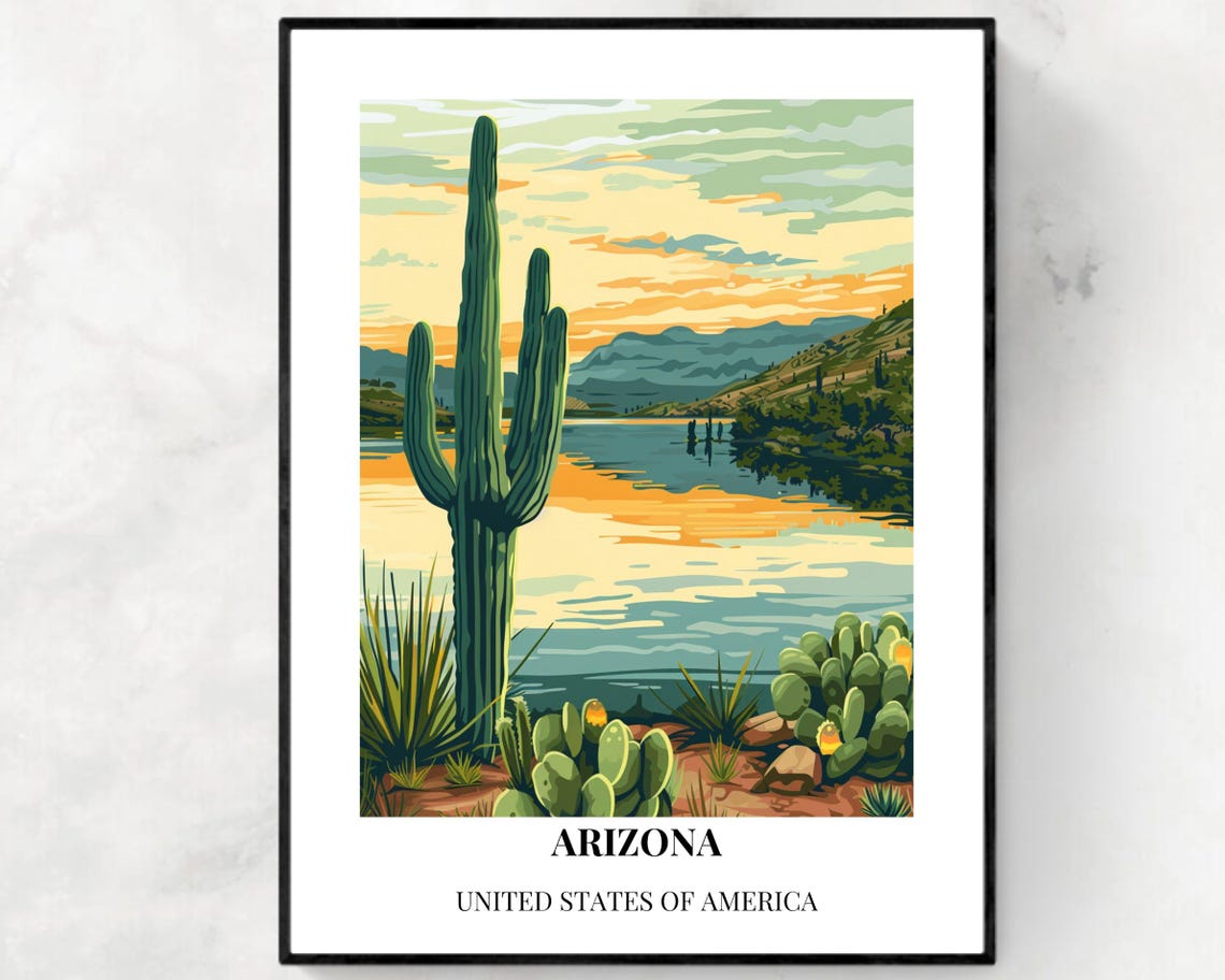 Arizona Desert Saguaro Cactus Lake Sunset Scene Travel Poster