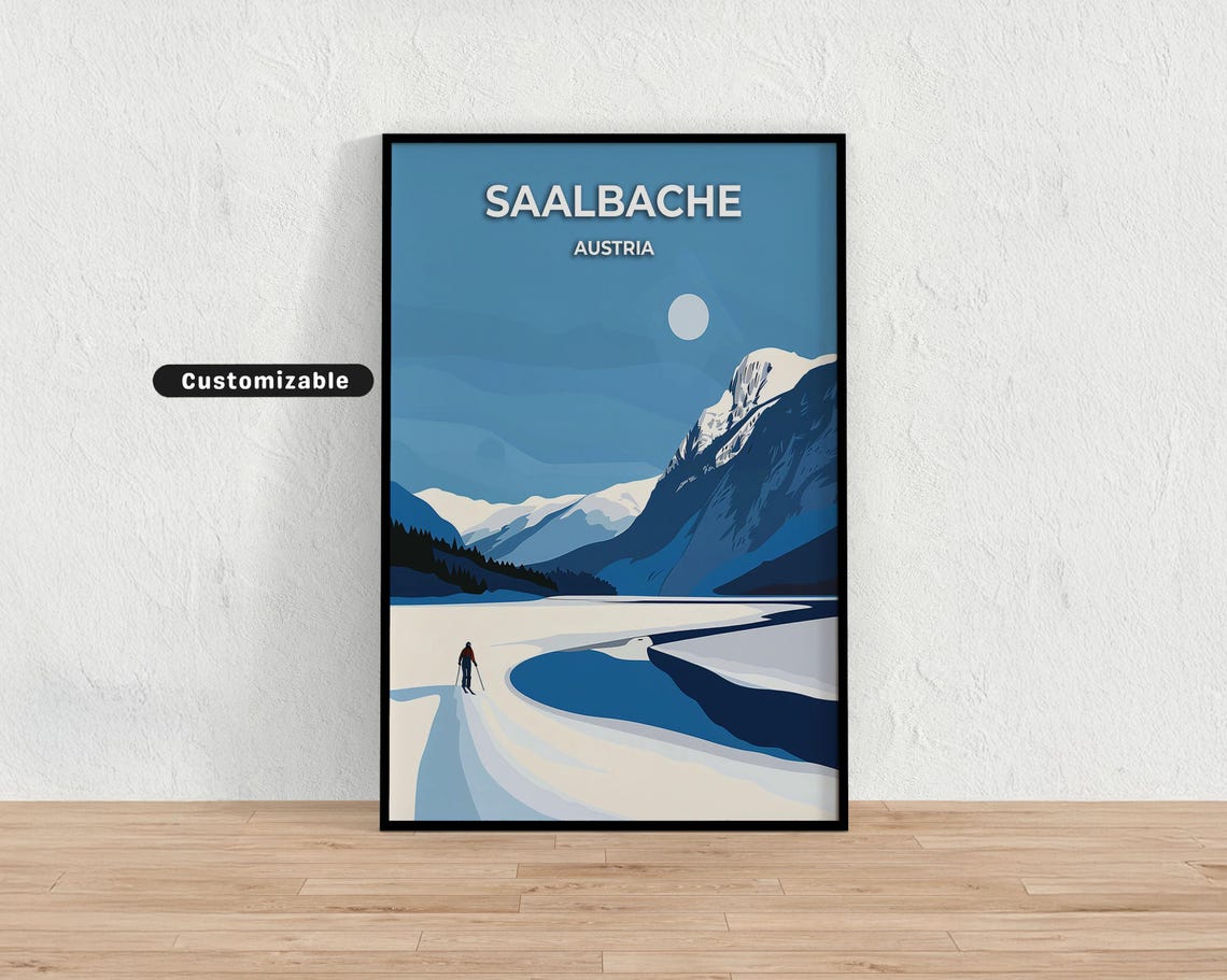 Saalbache Austria Snowy Alpine Mountain Lake Ski Travel Poster
