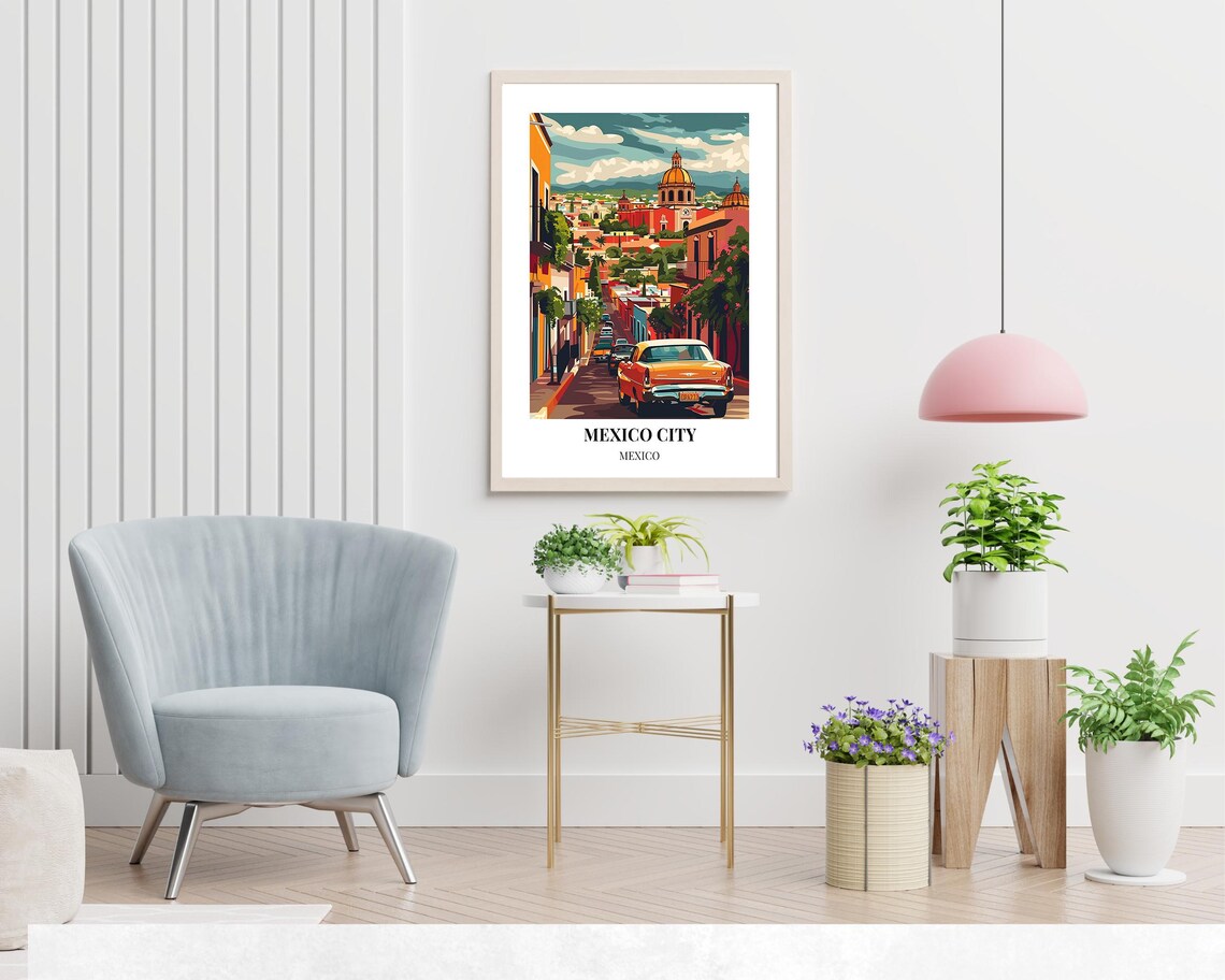 Mexico City Vintage Car On Hillside Street With Domes Poster - Image 2