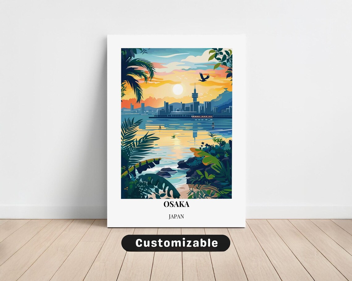 Osaka Japan Travel Poster Sunset Harbor Skyline Minimalist Art