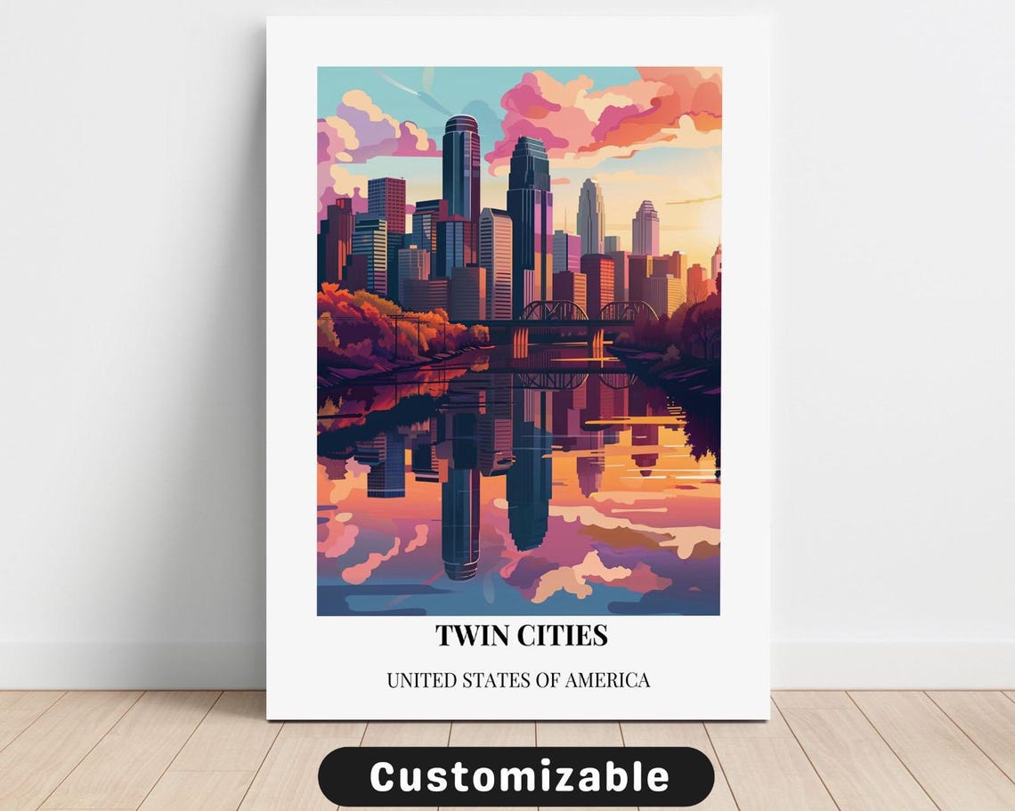 Twin Cities USA Sunset Skyline River Reflection Travel Poster