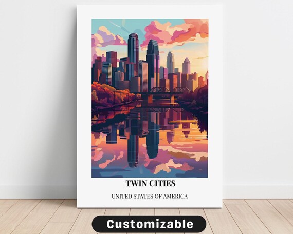 Twin Cities USA Sunset Skyline River Reflection Travel Poster