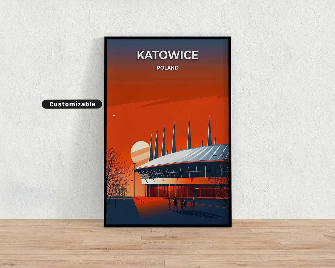 Katowice Poland Spodek Arena Fiery Sunset Retro Travel Wall Print