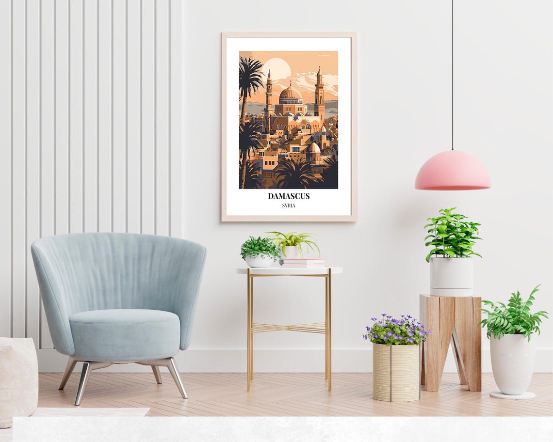 Damascus Syria Grand Mosque Minarets Palm Trees Mountain View Poster - Image 2